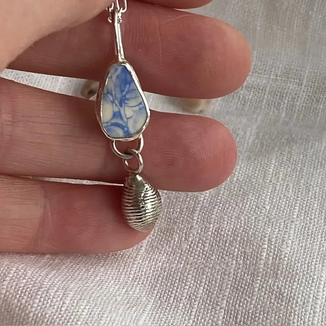 Cornish Sea Pottery & Cowrie Shell Sterling Silver Necklace