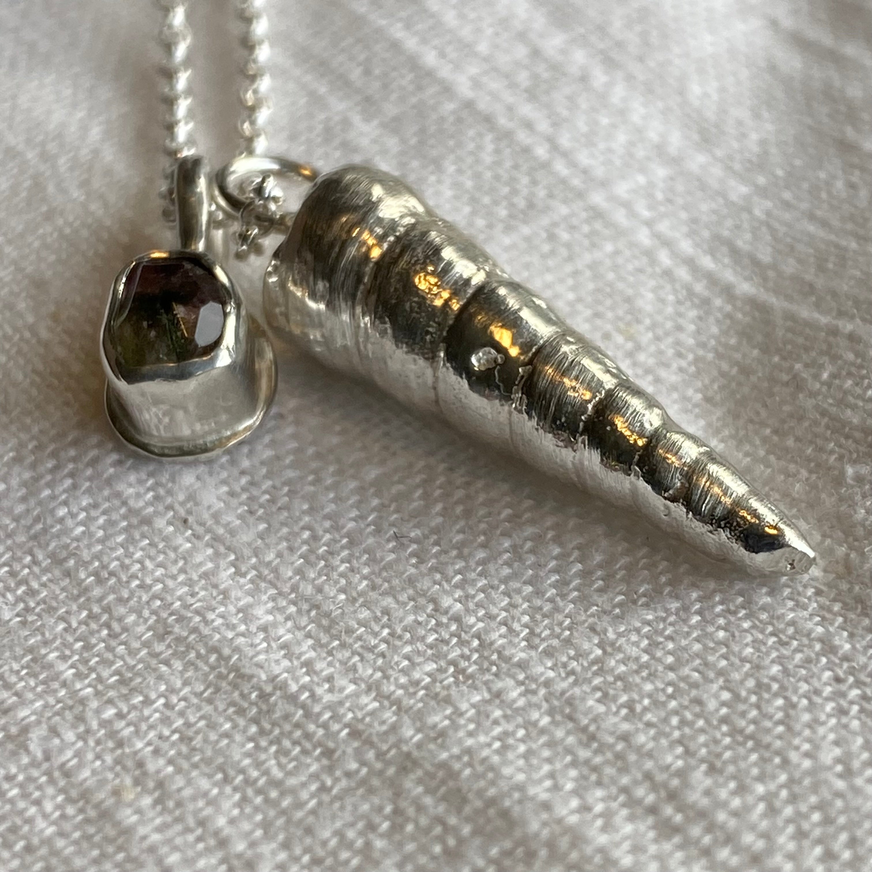 Trevone Bay Spiral Shell & Tourmaline Sterling Silver Necklace