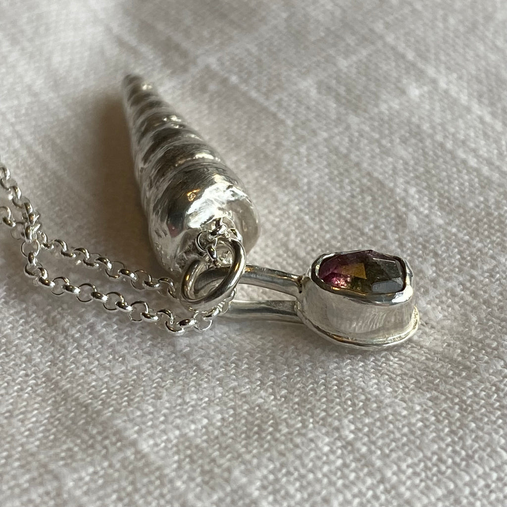 Trevone Bay Spiral Shell & Tourmaline Sterling Silver Necklace