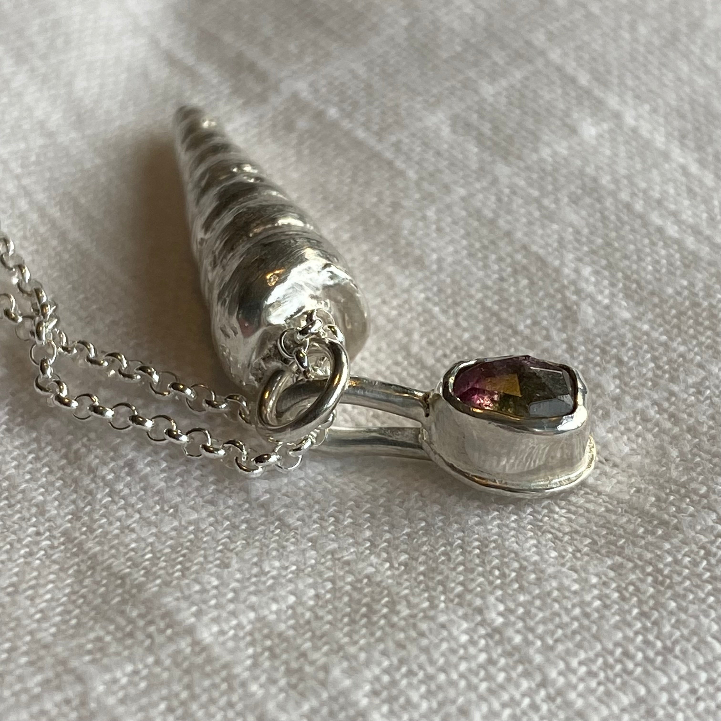 Trevone Bay Spiral Shell & Tourmaline Sterling Silver Necklace