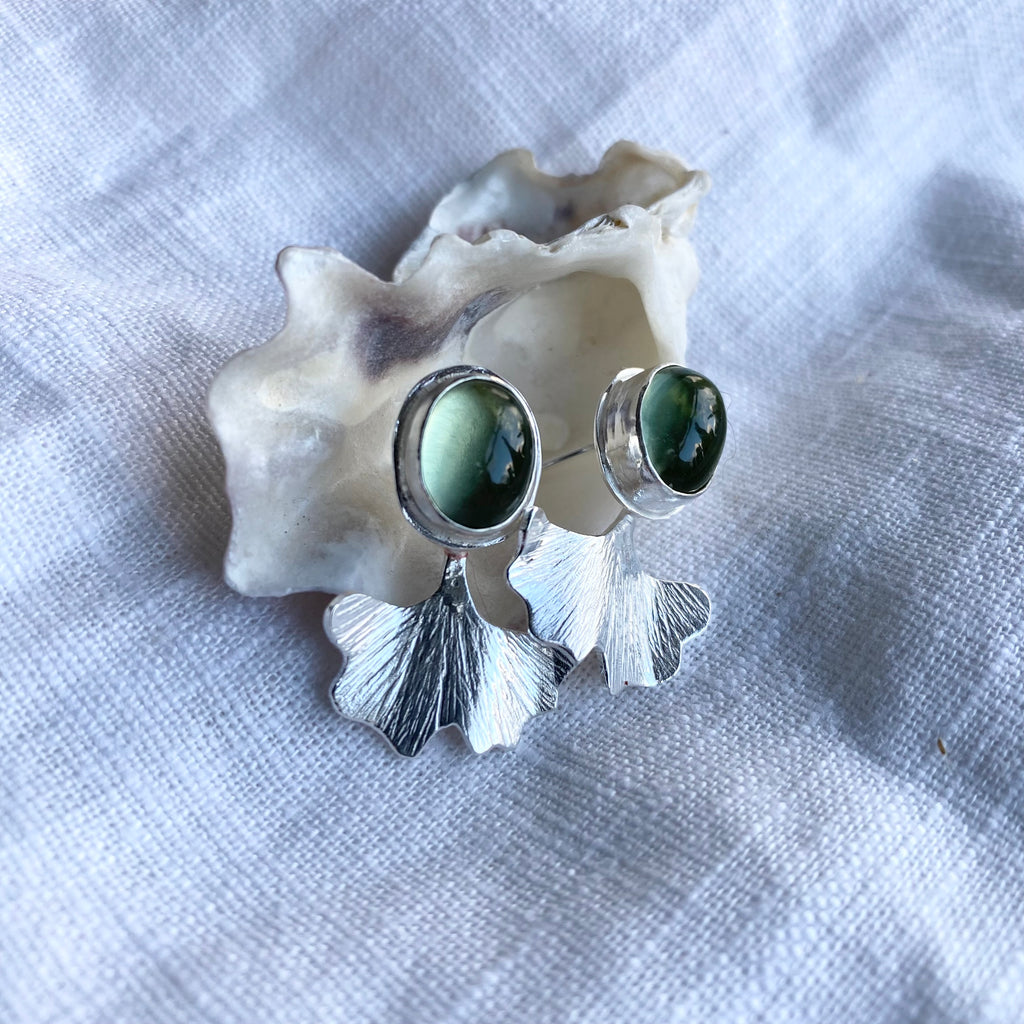 Green Amethyst Ginkgo Leaf Earrings