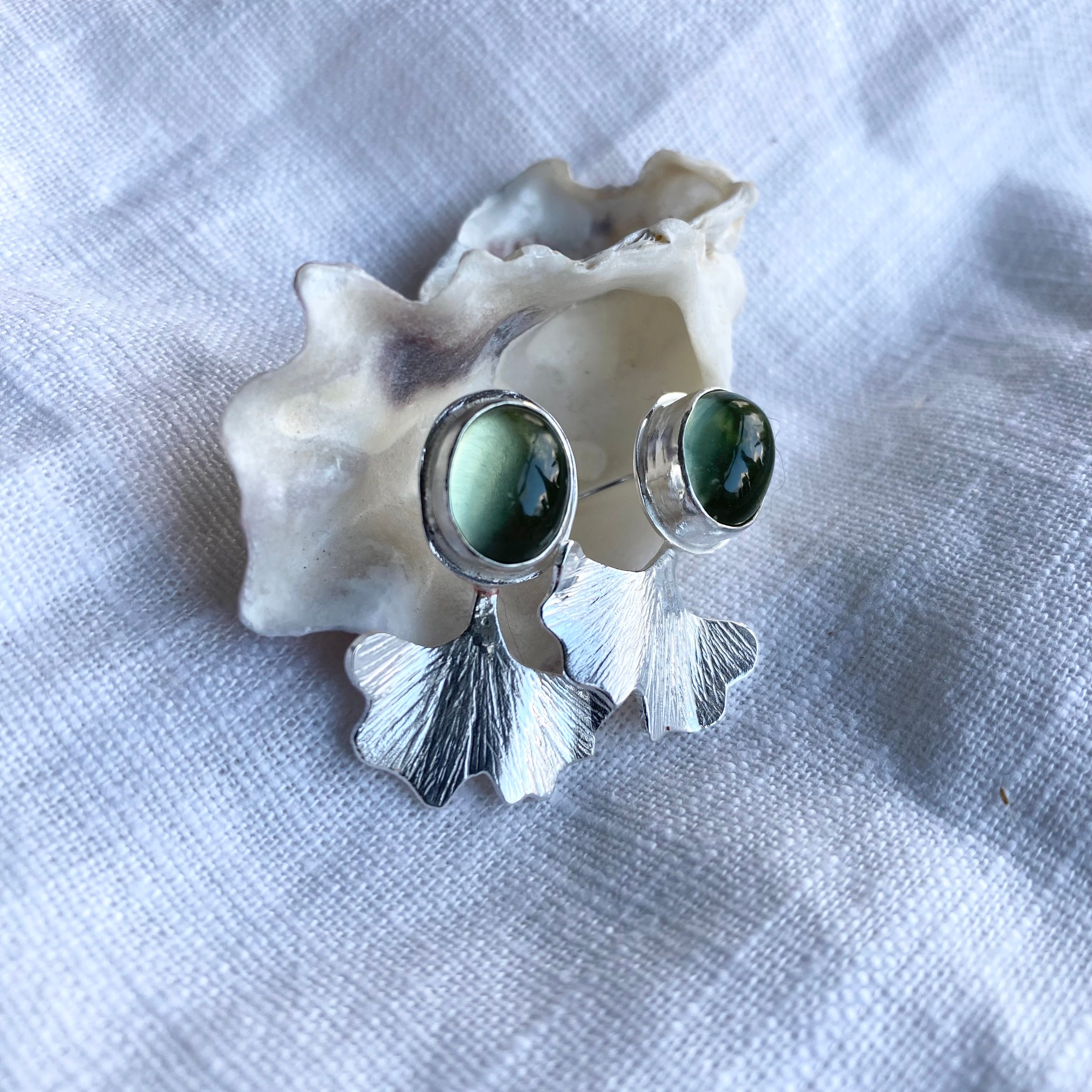 Green Amethyst Ginkgo Leaf Earrings