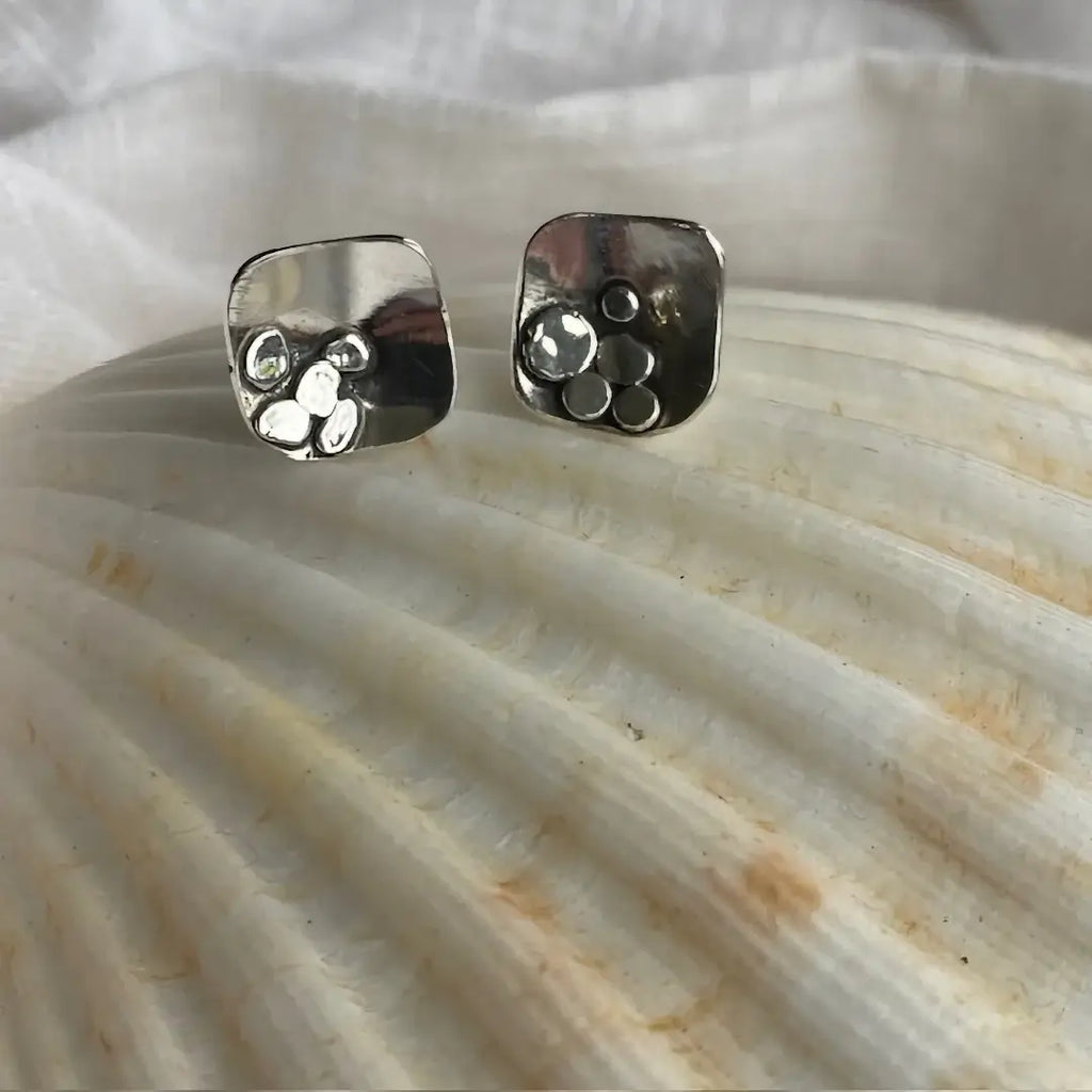 Square Rocky Beach Fine Silver Earrings