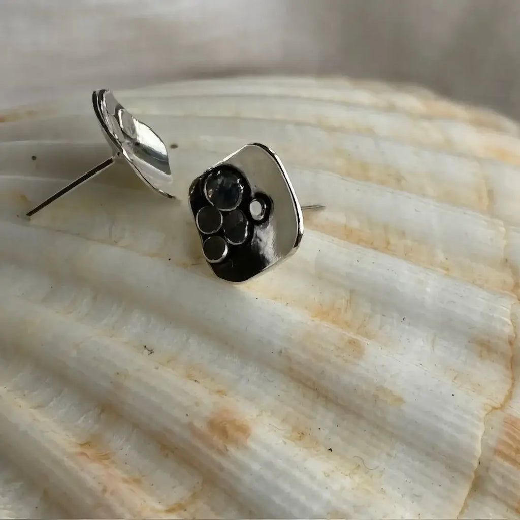 Silver earring on a shell